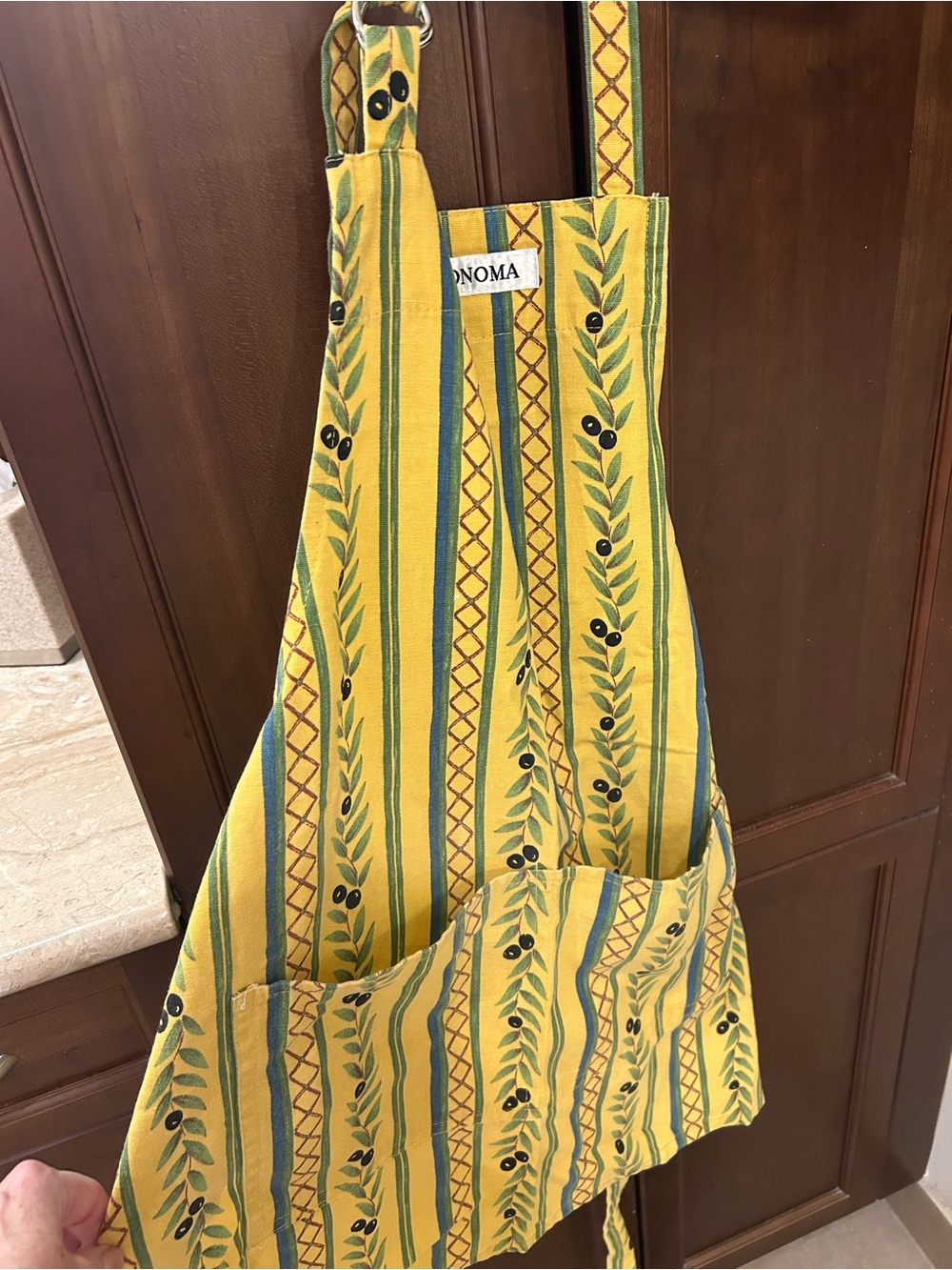 Williams Sonoma Yellow and Olive Stripe Olive-Branch Apron